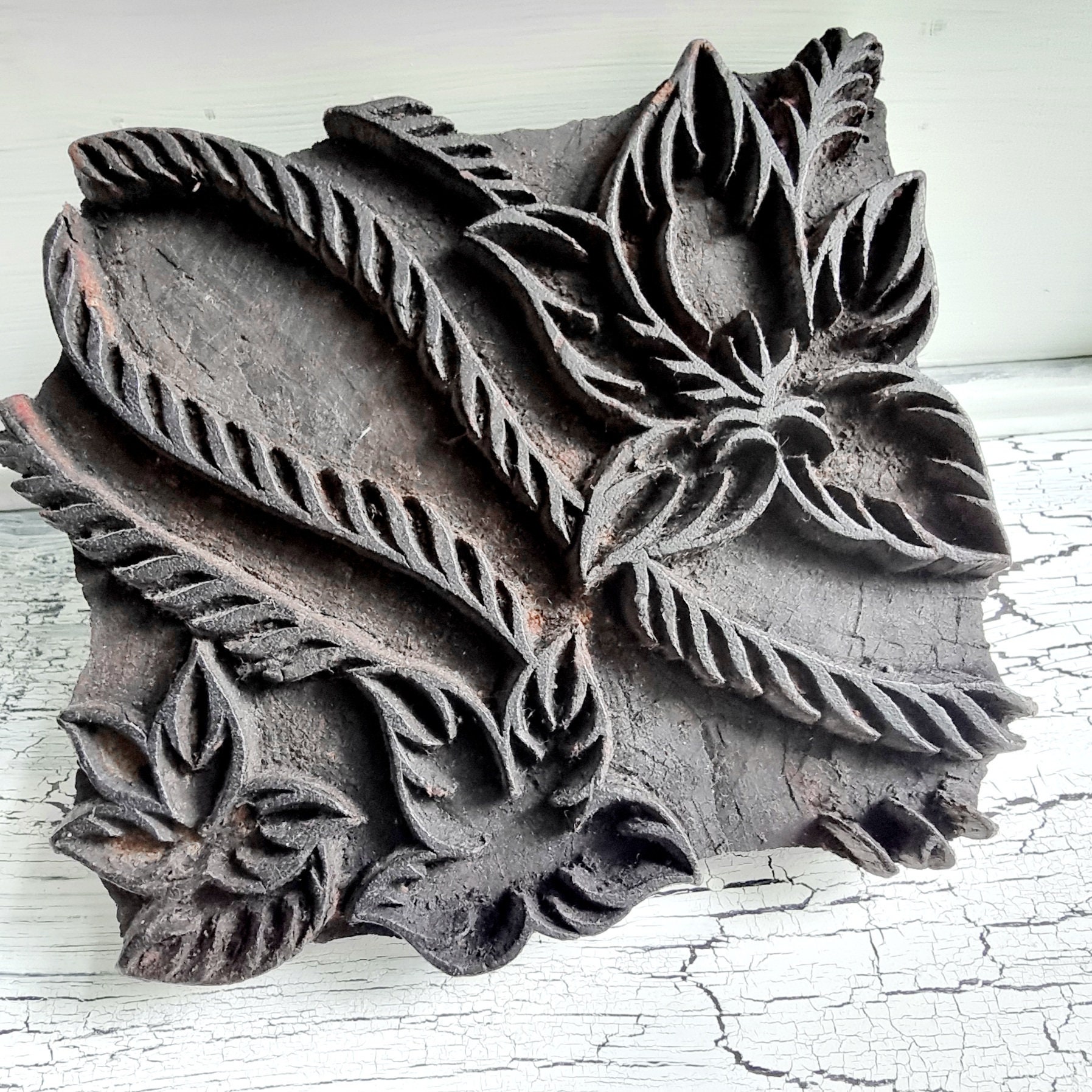 Grand Tampon En Bois Antique à Motif Floral - Pour Tissu Ou Papier Peint, Vers 1890, Allemagne