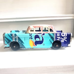 Vintage zeepkist blikken auto rijden Ver weg Tropisch handgemaakt shabby blik retro upcycling boho verzamelobject cadeau Vaderdag rijbewijs