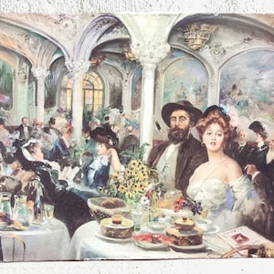 Stampa di pittura vintage in stile impressionismo della caffetteria Art Nouveau probabilmente Alfredo Palmero Gregorio raffigurante il pittore catalano Ramon Casas