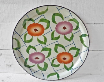 Art Deco taartbord, dienblad, kleurrijke spetterdecoratie, Schramberg Majolica Manufactory, Edwardiaanse periode, keramisch faience, ronde serveerschaal