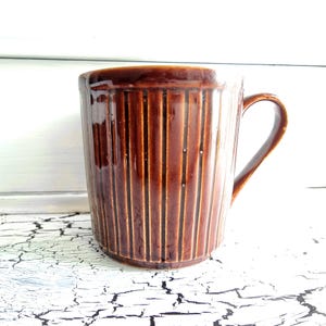 May include: A brown ceramic mug with vertical ribbed detailing. The mug has a curved handle and a glossy finish. The mug is set against a white background.