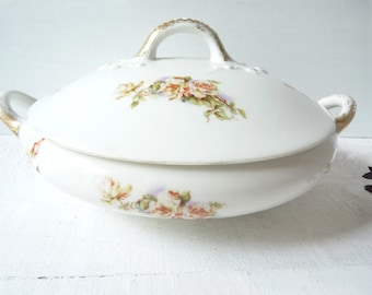 Vintage Limoges Ragout Terrine, Small Soup Terrine, Rose Porcelain, Apricot Roses, Serving Dishes, Soupiere Flower Decor, Country Cottage