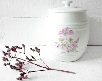 Biedermeier voorraadpot, bijenkorfvormig met deksel, roze bloemversiering, porselein, voorraadpot, honingpot, bonbonnière, koekjespot, opbergcontainer, bloemen