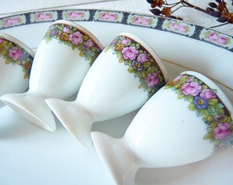 Paas-Art Deco-ontbijtset met rozenmotief, bord en eierdopjes, zwart, veelkleurig, roze, servies, serveerschaal, Hors d'Oeuvres 1900