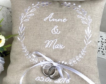 Coussin pour alliances romantique brodé avec prénoms et date de mariage/coussin pour alliances personnalisé