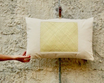 Mexican handmade rectangular Pillowcase, made of  reed and natural white cotton