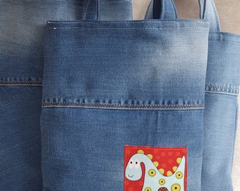 Small shopping bag children's bag daycare bag fabric bag child small fabric bag handle bag jeans bag upcycling bag dino LAVIOSAR