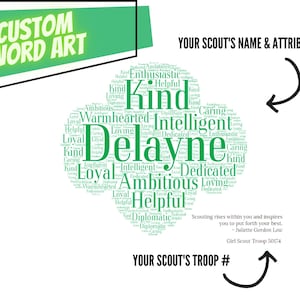 Custom Girl Scout Word Art - Personalize with your scout&#39;s name, features, & troop #
