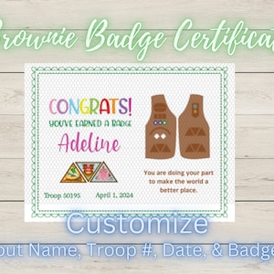 Brownie Girl Scout Badge Certificate - Customize with Scout Name, Troop #, Date, AND Badges Earned