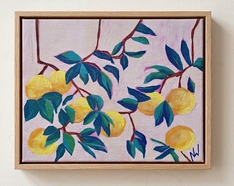 Original Lemon Painting on Canvas, Kitchen Wall Art, Citrus Still Life, 8x10