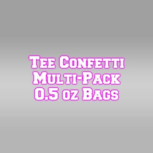 May include: Image features the text "Tee Confetti Multi-Pack 0.5 oz Bags" in a bold, outlined font. The text is in a bright pink color, set against a gray background. The image is a product advertisement.