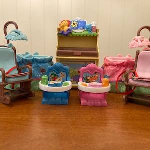 Fisher Price-Loving Family-Dollhouse Accessories -Nursery-Bassinet-Lights & Sounds Musical Changing Table-Low Chair-Rocking Chair- Safari