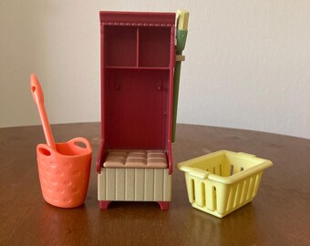 Fisher Price-Loving Family-Vintage-Dollhouse Accessories -Laundry-Mudroom-Broom-Mop-Laundry Basket-Hall Tree-5 Piece Set-FREE Shipping!