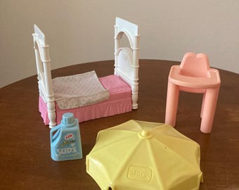 Playskool - Vintage 1994 Dollhouse Accessories- Bed - High Chair - Umbrella - Detergent - Replacements - Free Shipping!