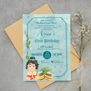 Erster Geburtstag Einladung | Druckbare Geburtstagseinladung | Indianer Thema Geburtstag einladen | Baby Krishna Geburtstag einladen | Baby Junge Geburtstag
