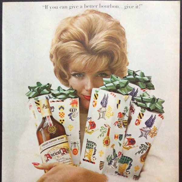 1960 Vintage Print Ad Ancient Age Bourbon Christmas New Year Holidays