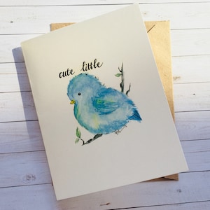 Joli petit oiseau | dessins à l'aquarelle | carte d'anniversaire, carte de baby shower, carte d'anniversaire oiseau bleu | doux chiot drôle. Fabriqué au Canada