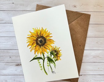 Sunflower card. boutique floral watercolor card. greeting, birthday, thank you card. Simple, Elegant.