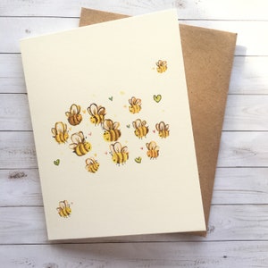 Carte Essaim d'abeilles. Carte boutique, aquarelle | cartes heureuses d'abeille, carte de bourdon, été, carte d'anniversaire d'abeille. Fabriqué au Canada