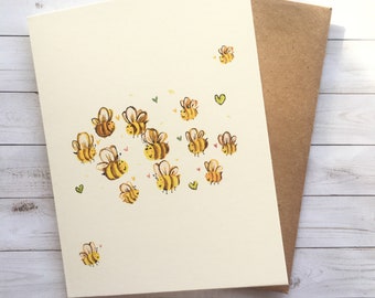 Carte essaim d'abeilles. Carte boutique, motifs aquarelles | cartes heureuses d'abeille, carte d'abeille de bourdon, été, carte d'anniversaire d'abeille. Fabriqué au Canada