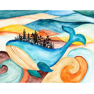 The Island Whale. Watercolour Print. Nursery Wall Art. Westcoast baby. Whimsical watercolour painting, whale painting, ocean lover
