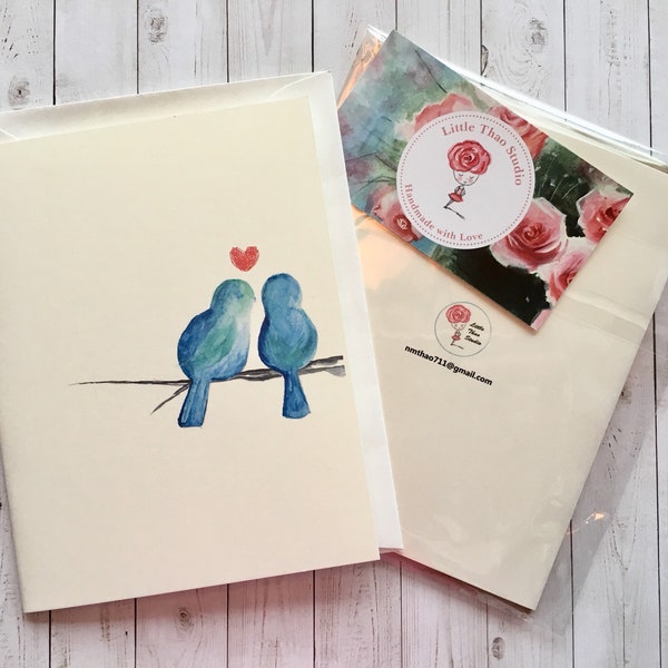 Cartes aquarelles, cartes de mariage, carte joyeux anniversaire, cartes d'amour, Saint-Valentin, carte de mariage. Oiseaux bleus