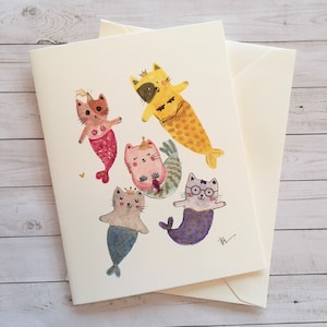 Carte de soubrette. Chats sirènes. Jolie carte de chaton, peinture de fête de chat fou. mignon simple moew. Conception distinctive