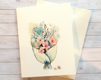 Cherry blossoms bouquet. boutique watercolor cards. greeting cards, graduation, wedding thank you cards. Simple, Elegant. Signature design.