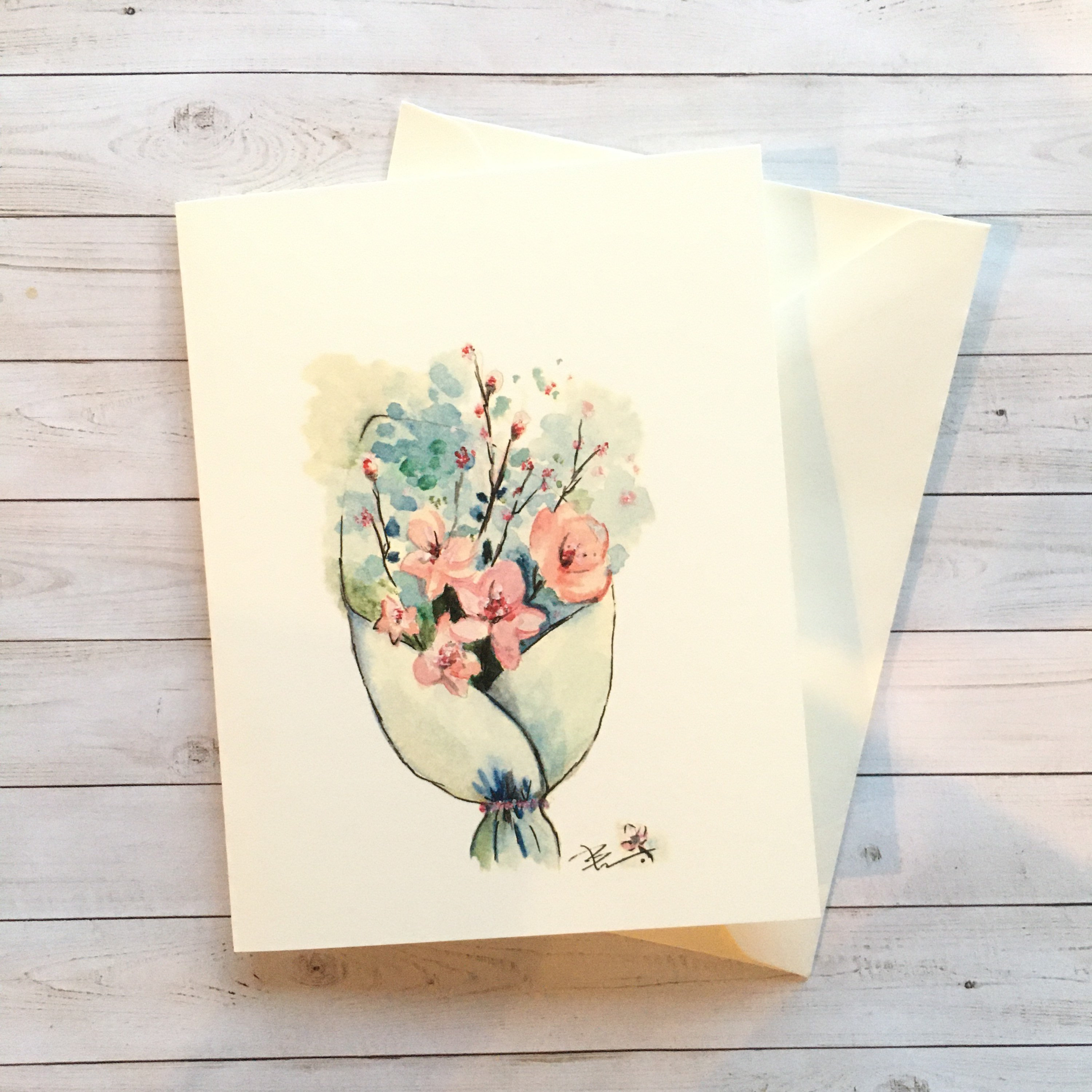 Cherry blossoms bouquet. boutique watercolor cards. greeting cards,  graduation, wedding thank you cards. Simple, Elegant. Signature design.