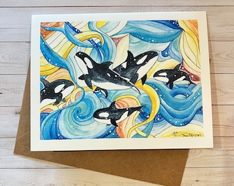 Orca Whale. Ocean. Earthy, West Coast theme. Whimsical watercolor card. Illustration. Signature design.