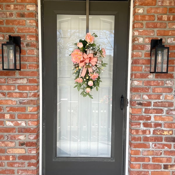 Spring Easter Swag with Eggs, Front Door Decor, Cheery, Peach Flowers, Country Decor, Cottage Decor