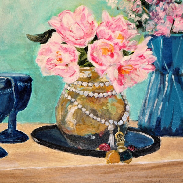 Peinture acrylique - « Pivoines et verre bleu »