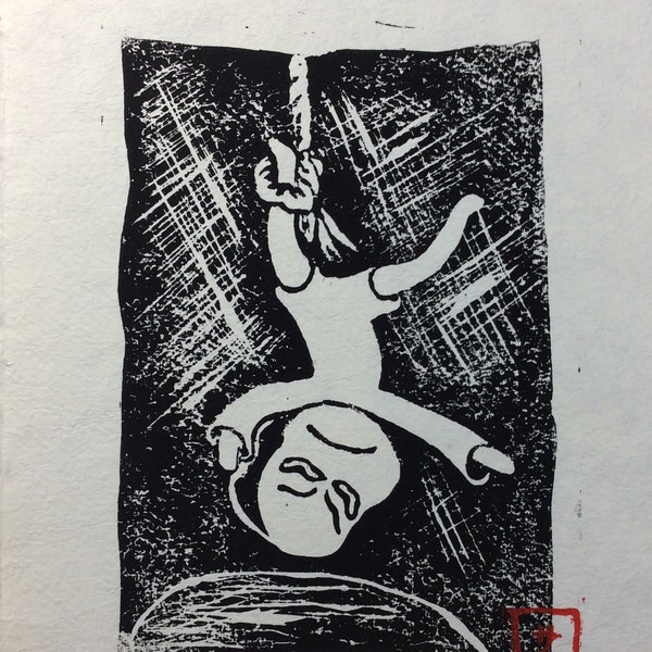 Bub hängend, Linoldruck auf Bütten Papier 20x30cm, schwarz, von Alexandra Bolzer, Charakter, Manga,