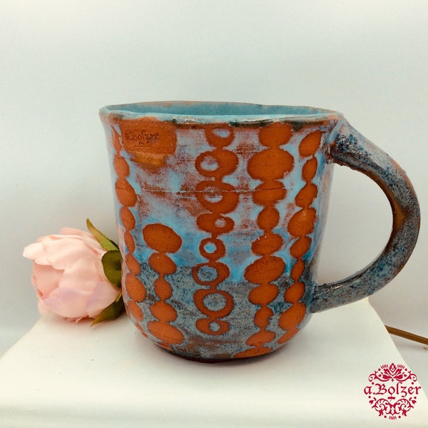 UNIKAT Einzelne grosse Kaffee Tasse mit Retro Muster in Blau