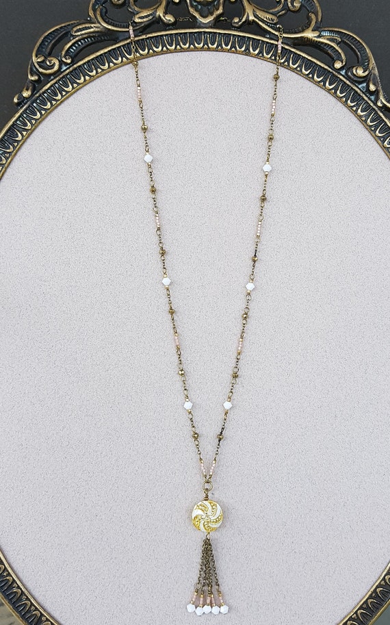 Geoffrey Beene Vintage Gold Tone Beaded Tassled Necklace