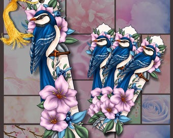 Blue Bird with Pink Flowers Bookmark