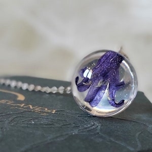 Real bluebell flower necklace handmade sterling silver bio organic resin dried flower jewelry bluebell jewelry birthday gift for her