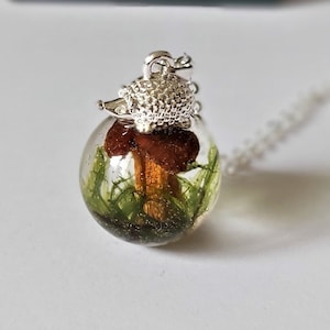 Handmade Mushroom Necklace: Sterling Silver Hedgehog, Forest Moss Resin Pendant