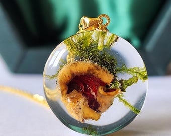Handmade Real Mushroom Necklace: Resin Nature Jewelry, Gold Plated