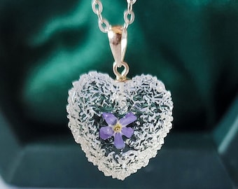 Forget Me Not Flower Heart Necklace: Sterling Silver Resin Jewelry