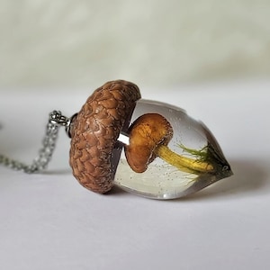 Acorn mushroom necklace acorn jewelry handmade bio organic resin acorn necklace birthday gift for her real mushroom jewelry woodland jewelry