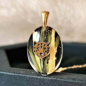 Handmade Leopard Necklace: Real Grass & Resin, Gold Plated Sterling Silver