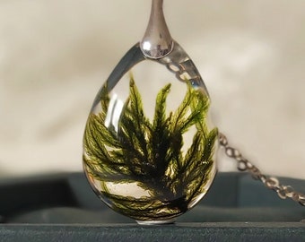 Real moss necklace handmade bio organic resin sterling silver forest moss necklace moss jewelry birthday gift for her nature lovers