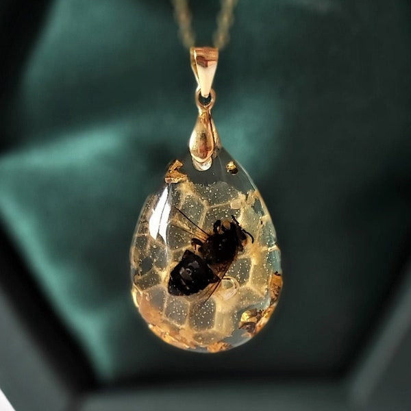 Véritable collier nid d'abeille fait main en résine organique bio, argent sterling or collier Cadeau d'anniversaire pour ses bijoux de gardiens d'abeilles