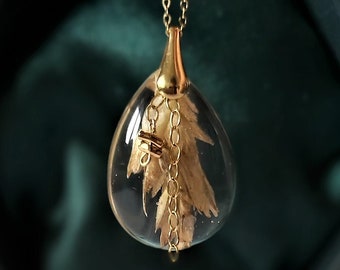 Puede incluir: Collar dorado con colgante en forma de lágrima transparente. El colgante contiene una planta seca y detalles de cadena dorada. El collar se presenta en una caja hexagonal verde oscuro.