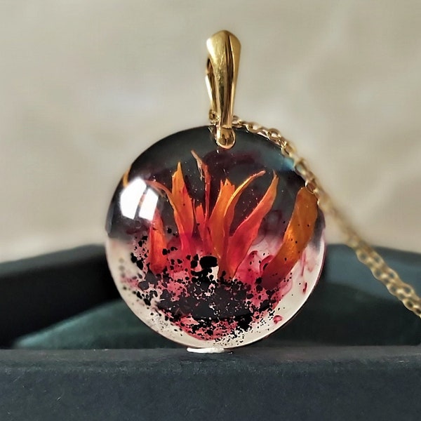 Real calendula flower flame necklace handmade bio organic resin dried flower petals flame jewelry birthday gift for her unique gift