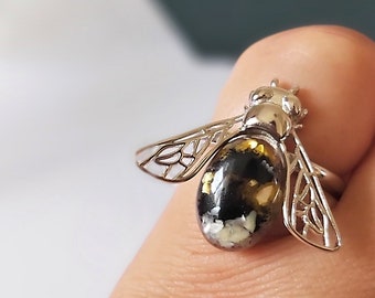Sterling Silver Bee Ring: Seashell Flakes, Bio Resin, Adjustable Band