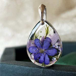 Real flower wood anemone necklace handmade bio organic resin sterling silver necklace birthday gift for her pressed spring flower jewelry