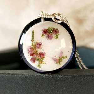 Real Heather Sterling Silver Necklace: Bio Resin Forest Flower Pendant