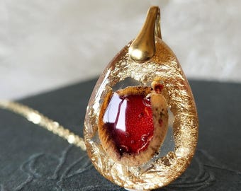 Handmade Mushroom Necklace: Resin, Gold Flakes, Sterling Silver